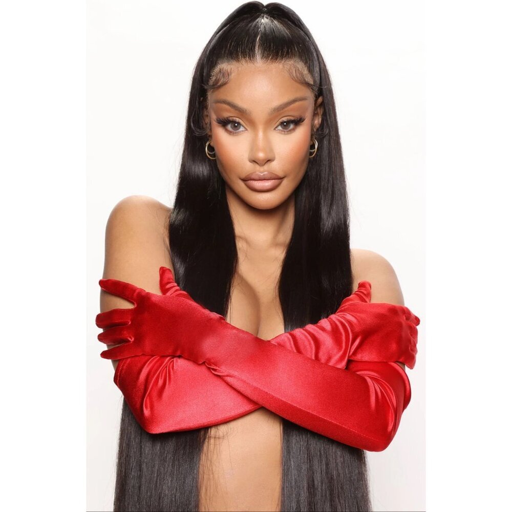 Fashion Nova ✦ So Extra Satin Opera Gloves ✦ Red Long Stretch Nylon Evening NWT